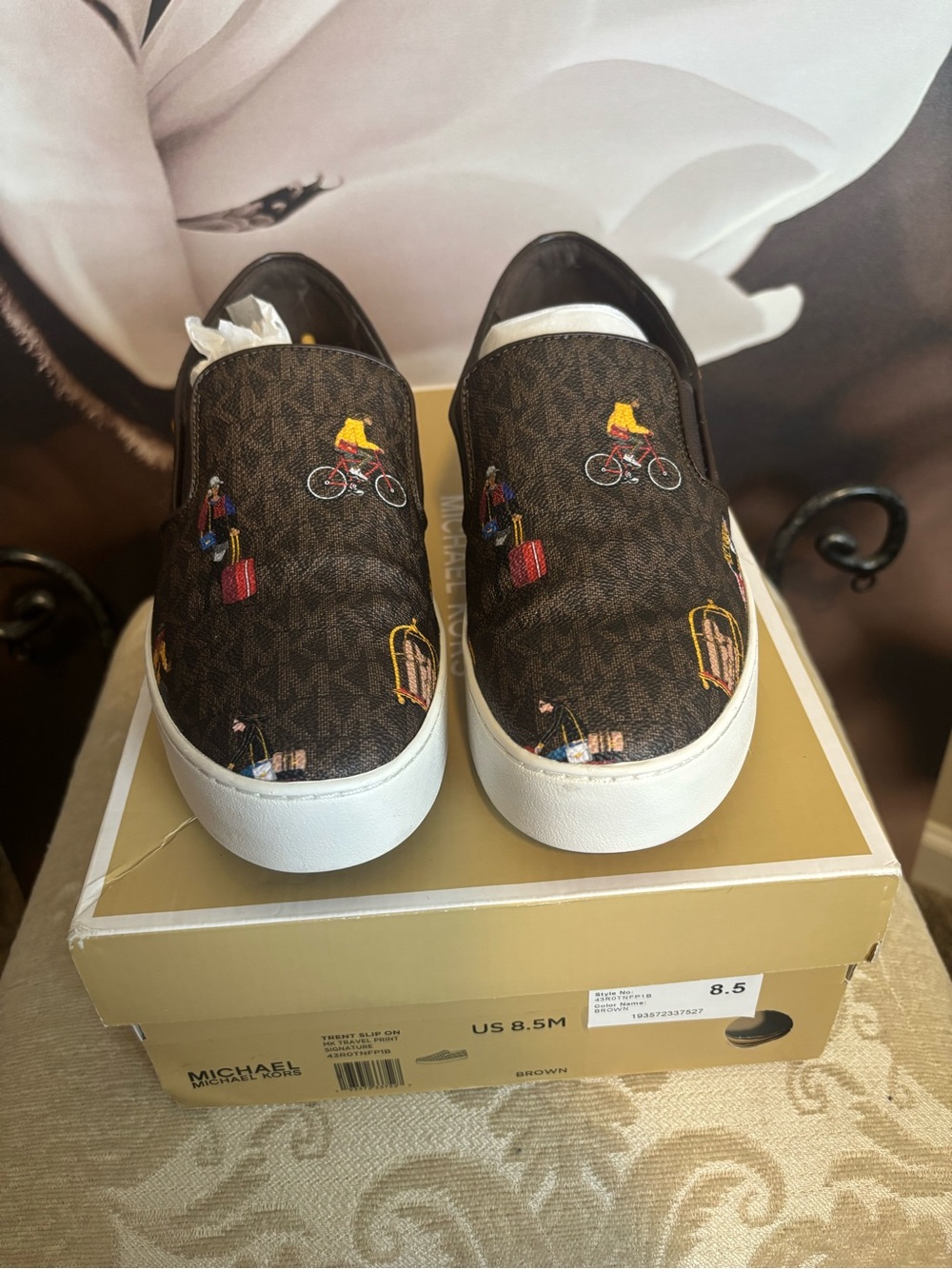 Michael Kors Brown Logo Slip-On Sneakers with Colorful City Motifs